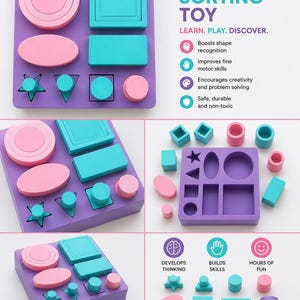 May include: A purple shape sorting toy with pink and teal shapes. The toy includes circles, squares, stars, and other geometric forms. Text on the image reads "Shape Sorting Toy" and "Learn. Play. Discover."