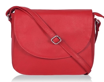 Red Leather Crossbody Bag: Flap Satchel with Adjustable Strap