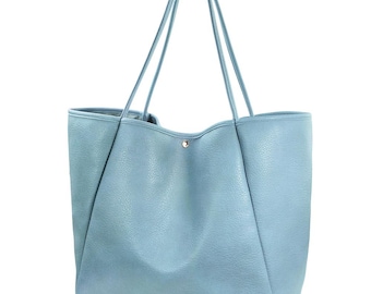 Light Blue Leather Tote Bag: Minimalist Studded Shoulder Bag