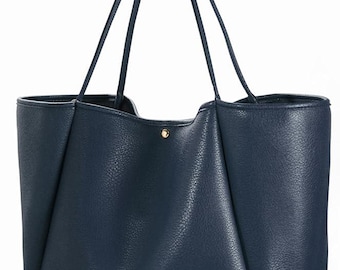 Dark Blue Leather Tote Bag: Large Textured Shoulder Purse with Gold Stud
