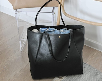 Oversized Black PU Leather Tote Bag: Minimalist Work & Travel Carryall