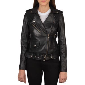 Schwarze Leder Bikerjacke mit Nietenkragen & Reißverschluss Details