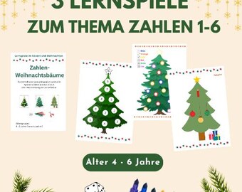 May include: Educational Christmas-themed game set for children aged 4-6. The image features three learning games with Christmas tree illustrations, dice, and colorful markers. The text on the image reads "3 Learning Games on the Theme of Numbers 1-6."