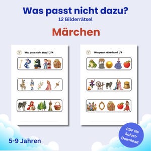 Pode incluir: Duas folhas de atividades educativas intituladas Was passt nicht dazu? 12 Bilderrätsel Märchen. Cada folha contém linhas de ilustrações representando personagens e objetos de contos, com o texto Was passt nicht dazu? 2/4 e 1/4.