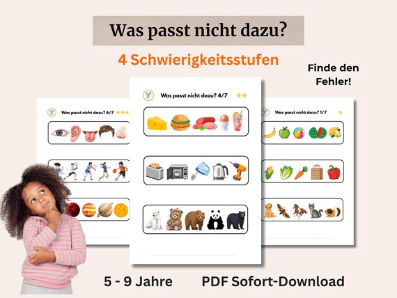 Bilderrätsel für Kinder ab 5 – Logikrätsel und Denkspiel – Arbeitsblätter Vorschule & Grundschule – PDF Download – 4 Schwierigkeitsstufen