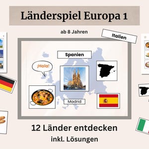 Puede incluir: Juego educativo titulado "Länderspiel Europa 1" para niños a partir de 8 años. La imagen presenta un mapa de Europa con ilustraciones de monumentos, banderas y alimentos de varios países, incluyendo España e Italia. El texto incluye "12 Länder entdecken" y "inkl. Lösungen."