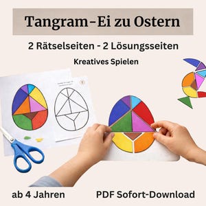 Tangram-ei Pasen – creatief puzzelspel, printbaar leerspel, paasspel in PDF-formaat, 6 gekleurde sjablonen, voor kinderen en volwassenen