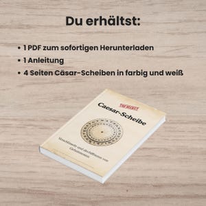 Peut inclure: Un ensemble de t&eacute;l&eacute;chargement num&eacute;rique comprenant un guide de disque de chiffrement de C&eacute;sar. Le texte indique : Du erh&auml;ltst: 1 PDF zum sofortigen Herunterladen, 1 Anleitung, 4 Seiten C&auml;sar-Scheiben in farbig und wei&szlig;. La couverture affiche TOP SECRET.