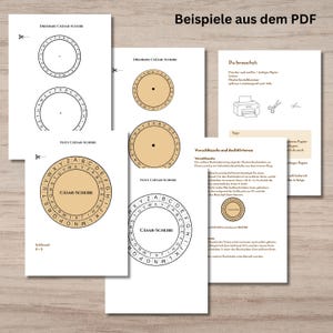 Peut inclure: Un ensemble de pages imprimables pr&eacute;sentant des disques de chiffrement de C&eacute;sar avec des alphabets circulaires, incluant des instructions d'assemblage. Les documents contiennent du texte en allemand, des ic&ocirc;nes de ciseaux et d'imprimante.