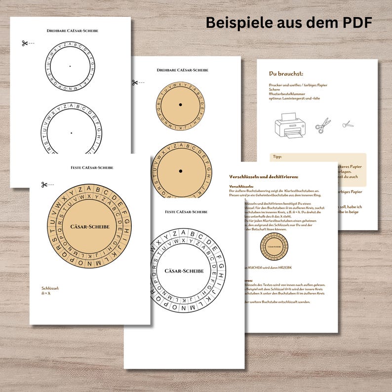 Peut inclure: Un ensemble de pages imprimables pr&eacute;sentant des disques de chiffrement de C&eacute;sar avec des alphabets circulaires, incluant des instructions d'assemblage. Les documents contiennent du texte en allemand, des ic&ocirc;nes de ciseaux et d'imprimante.