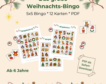 May include: A festive Christmas-themed bingo game with the text "Das große Weihnachts-Bingo". The game includes 5x5 bingo cards, illustrations of holiday icons, and the text "PDF als Sofort-Download". The game is suitable for ages 6 and up.