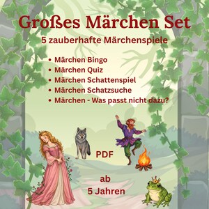 Large fairy tale set for children aged 5 and up | 5 printable fairy tale games | Bingo, quiz, treasure hunt & shadow play | Grimm's Fairy Tales