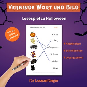 May include: A Halloween-themed educational worksheet titled Verbinde Wort und Bild, featuring a matching exercise with illustrations of a pumpkin, ghost, spider, witch, coffin, and cat alongside German words, with blue lines connecting images to text.