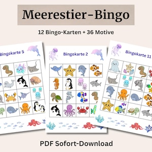 Bingo de animales marinos para niños – Juego submarino para imprimir – Juego educativo para jardín de infancia/preescolar – Descarga en PDF