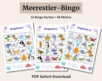 Meerestiere Bingo Kinder – Unterwasser Spiel zum Ausdrucken – Kita Vorschule Lernspiel – PDF Download