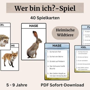 Peut inclure: Jeu de cartes éducatives avec des illustrations d'animaux sauvages, dont un hérisson, un renard et un lièvre. Les cartes comportent des indices descriptifs et le texte "Wer bin ich?-Spiel" et "40 Spielkarten". Pour les enfants de 5 à 9 ans.