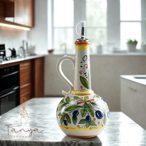 Handmade Ceramic Olive Oil Bottle – Unique handmade and hand painted  – Pottery Cruet with elegant design - 700ml Stoneware Oil Dispenser