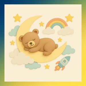May include: A charming illustration depicts a sleeping brown bear resting on a yellow crescent moon. The scene includes pastel clouds, stars, a rainbow, and a rocket. The artwork has a soft, 3D effect, suitable for nursery decor or children's items.