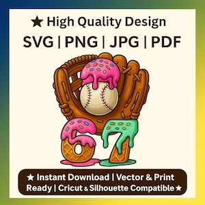Design med nummer 67 för glassbaseboll | Clipart med lagtröja (svg, png, jpg, pdf)