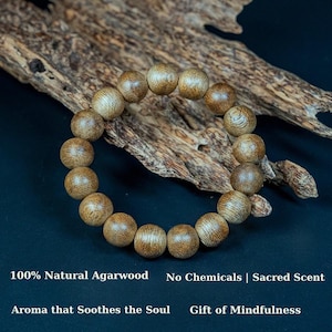 Pulseira de madeira de ágar natural para homens | Contas de madeira de Oud de 12 mm | 17 contas | Joias espirituais artesanais | Aroma calmante | Presente para ele