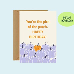 May include: A birthday card with a tan background and a brown envelope. The card features the text "You're the pick of the patch. HAPPY BIRTHDAY!" and illustrations of pumpkins in purple and orange.