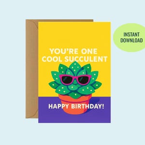 May include: A greeting card with a yellow background and a cartoon succulent wearing pink sunglasses. The card reads "YOU'RE ONE COOL SUCCULENT" and "HAPPY BIRTHDAY!" A brown envelope is behind the card.