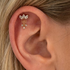 Piercing a forma di fiore di loto in titanio 16G, orecchino a catena con pendente in zirconi cubici, piercing a tripla elica marquise, labret piatto ipoallergenico