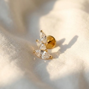 16G Titanium Marquise Cluster Labret, CZ Leaf Crawler Stud, Flat Back Earring for Helix Conch Tragus, Hypoallergenic Cartilage Piercing