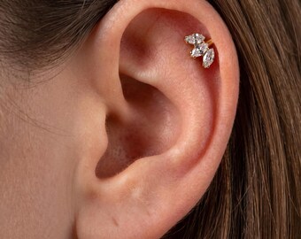 16G Titanium Marquise CZ Labret, Vertical Helix Cartilage Earring, Screw Flat Back Stud, Tragus Conch Piercing, ASTM F136