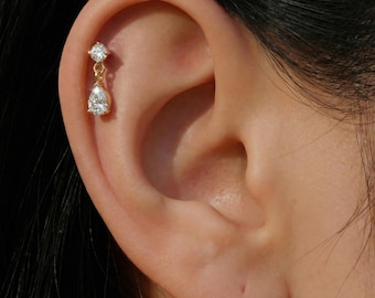 16G Titanium Teardrop Dangle Stud, Waterdrop CZ Flat Back Labret, Helix Tragus Cartilage Earring, Hypoallergenic Drop Piercing