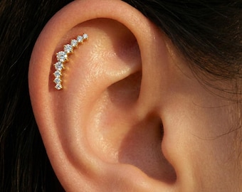 16G Titanium CZ Arc Cluster Stud, Curved Cartilage Labret, Flat Back Conch Helix Earring, Hypoallergenic Piercing Jewelry