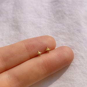 Op de afbeelding: Twee kleine, goudkleurige ster-vormige oorstekers. De oorbellen worden op een vinger gepresenteerd tegen een zachte, lichtgekleurde achtergrond. De oorbellen hebben een eenvoudig, minimalistisch ontwerp.