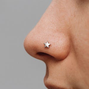 Può includere: Un piercing a forma di stella argentata per il naso. Il piercing è piccolo e si trova sul lato del naso. Lo sfondo è grigio neutro.