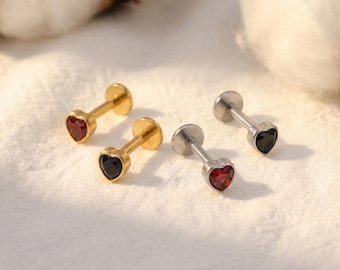 16G Titanium Heart CZ Flat Back Stud • Garnet Red Labret Earring for Helix, Cartilage & Tragus Piercings – Gothic Halloween Jewelry