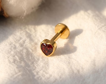 16G Titanium Heart CZ Flat Back Stud • Garnet Red Labret Earring for Helix, Cartilage & Tragus Piercings – Gothic Halloween Jewelry