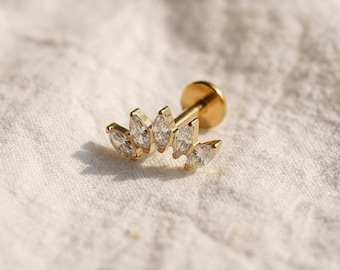 16G Titanium 5 Marquise Crown Stud, CZ Cluster Flat Back Earring, Helix Cartilage Labret, Conch Tragus Piercing, ASTM F136
