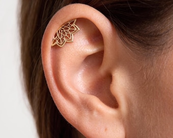 16G Titanium Hidden Helix Earring, Lotus Flower Floating Cartilage Stud, Gothic Punk Piercing, Flat Back Labret, ASTM F136