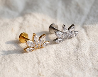16G Titanium Lotus Flower Stud, Marquise CZ Fan Flat Back, Hypoallergenic Helix Tragus Conch Piercing, Floral Cartilage Jewelry