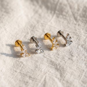 16G Titanium Marquise Cluster Labret, CZ Leaf Crawler Stud, Flat Back Earring for Helix Conch Tragus, Hypoallergenic Cartilage Piercing
