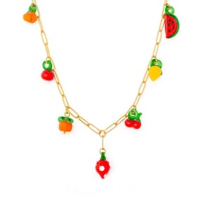Colorful Glass Fruit Charm Necklace – 18K Gold Plated Stainless Steel – Handmade Kawaii Summer Jewelry – Gift for Her