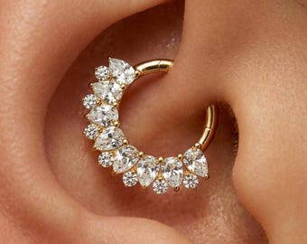 16G Titanium Teardrop Septum Clicker, Pear CZ Daith Hoop, Hinged Segment Ring, Helix Cartilage Earring, Hypoallergenic Piercing