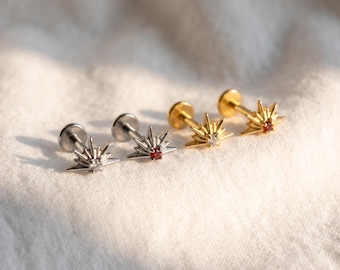 16G Titanium CZ Starburst Stud • Sunrise Flat Back Earring for Helix, Tragus, Cartilage & Monroe Piercings