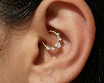 16G Titanium Heart Daith Clicker, CZ Paved Septum Ring, Hinged Segment Hoop, Hypoallergenic Cartilage Earring, Gold Silver