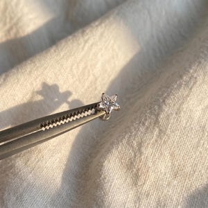 Può includere: Un piccolo orecchino a lobo a forma di stella color argento con una gemma trasparente e sfaccettata al centro. L'orecchino è tenuto da una pinzetta di metallo, che mette in risalto la finitura metallica e la lucentezza della pietra.