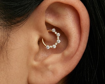 16G Titanium CZ Septum Clicker, Hinged Daith Hoop 8mm 10mm, Paved Segment Ring, Hypoallergenic Cartilage Earring