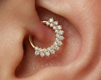 16G Titanium CZ Septum Clicker, Hinged Daith Helix Hoop, Paved Segment Ring, Hypoallergenic Cartilage Earring