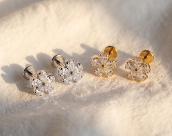 16G Titanium Flower Labret Stud, CZ Cartilage Helix Earring, Flat Back Medusa Monroe Piercing, Hypoallergenic Tragus Conch Jewelry