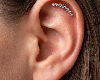 16G Titanium CZ Curved Bar Stud • Internally Threaded Flat Back Earring for Inner Conch, Helix, Cartilage & Labret Piercings