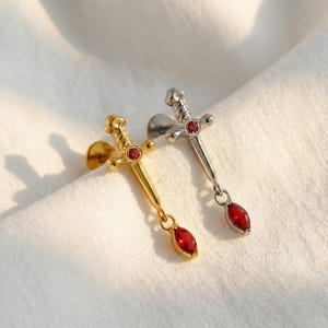 16G Sword Marquise Dangle Flat Back Stud, Screw Back Earrings, Internally Threaded, Cartilage, Conch, Helix, Tragus, Gold, Silver