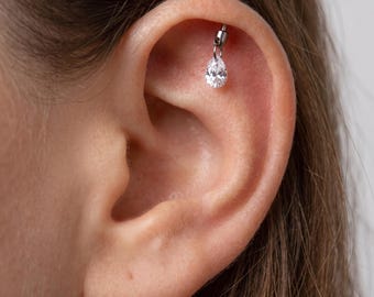 16G Titanium Floating Pear Dangle Stud, Waterdrop CZ Cartilage Earring, Threaded Helix Tragus Piercing, Teardrop Charm Labret, ASTM F136